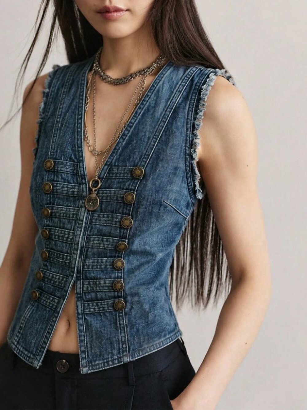 Blue Denim Military Vest with Brass Button Trim